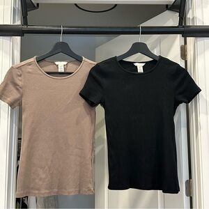 H&M Women’s Bundle Black and Taupe Brown Ribbed Cotton Short Sleeve T-Shirts